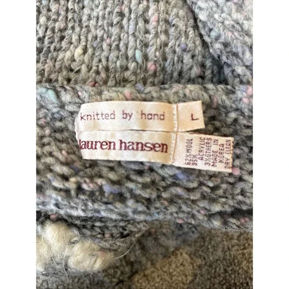 Vtg Lauren Hansen‎ Women L Chunky Hand Knit Wool Sweater Gray 3/4 Sleeve - Picture 7 of 9